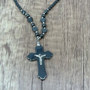 Hematite‎ Cross Necklace Heart Beads Religious Pendant Fashion Jewelry